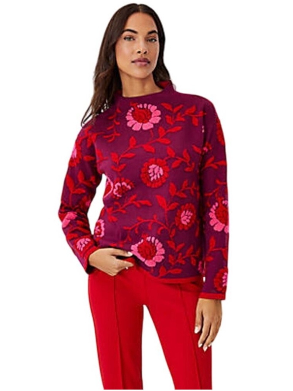 Ann Taylor Floral Jacquard Mock Neck Sweater small preppy spring vibrant cottage